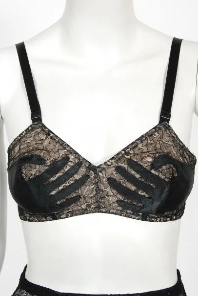 1940's Schiaparelli Inspired 'Hands On' Silk Appliqué Lace Bra & Tap Pants