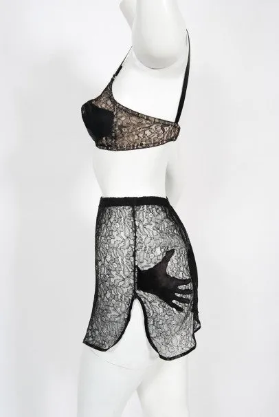 1940's Schiaparelli Inspired 'Hands On' Silk Appliqué Lace Bra & Tap Pants