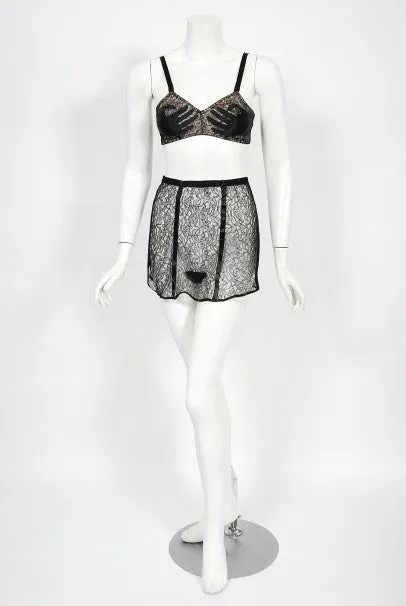 1940's Schiaparelli Inspired 'Hands On' Silk Appliqué Lace Bra & Tap Pants