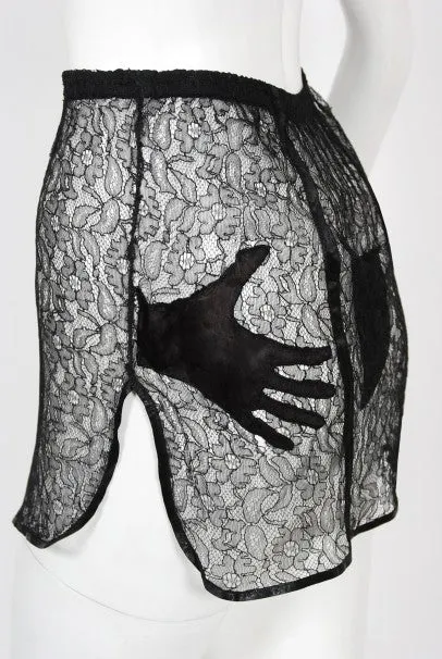 1940's Schiaparelli Inspired 'Hands On' Silk Appliqué Lace Bra & Tap Pants