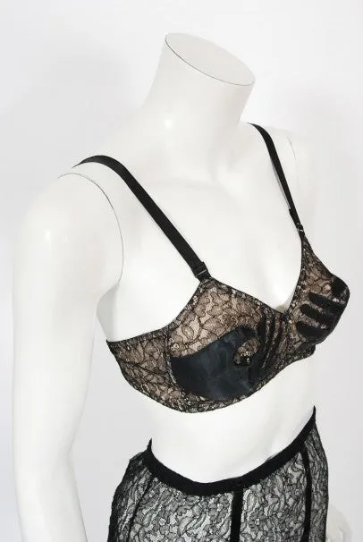 1940's Schiaparelli Inspired 'Hands On' Silk Appliqué Lace Bra & Tap Pants