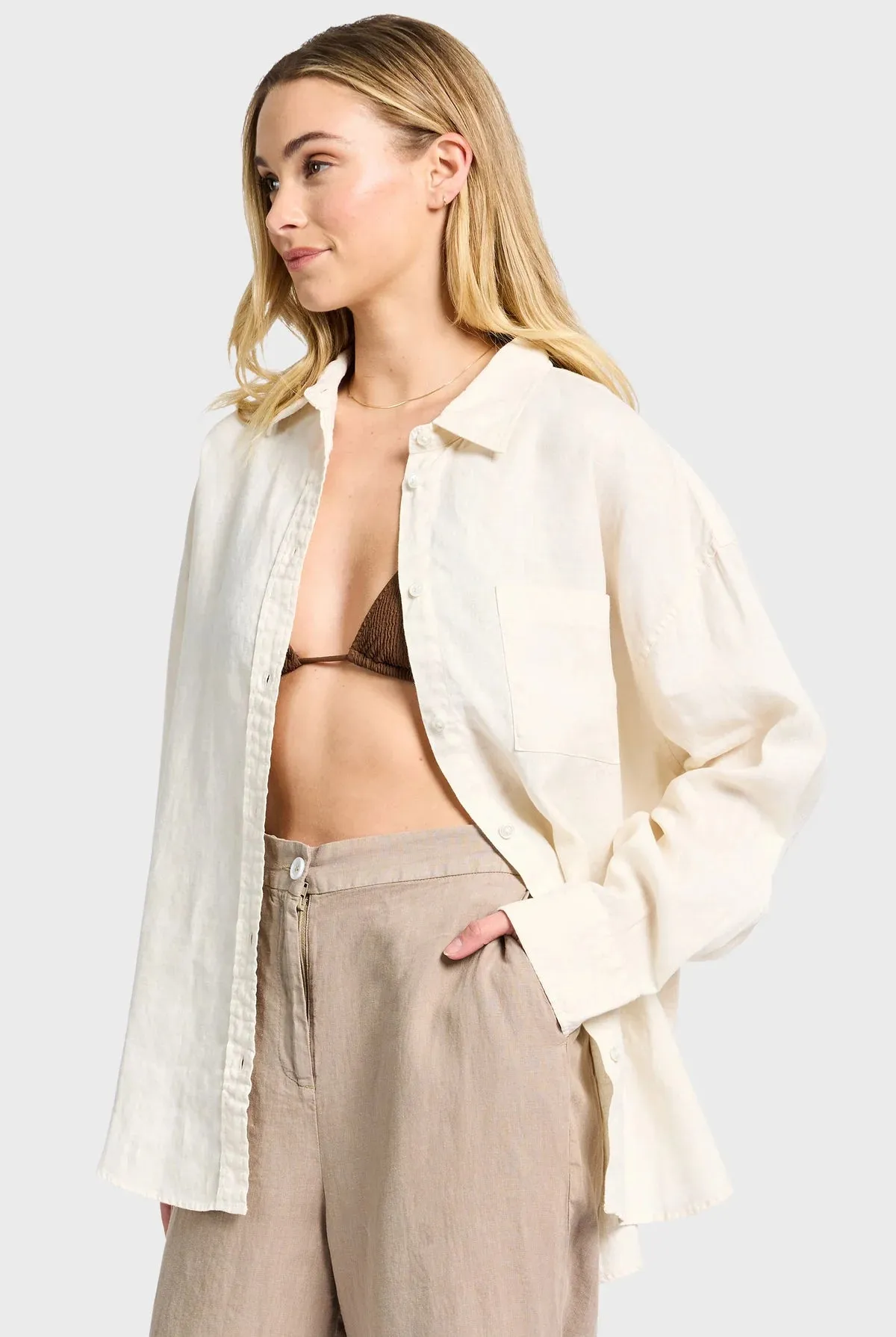 ACADEMY BRAND - Womens Hampton Linen Shirt  - Light Almond