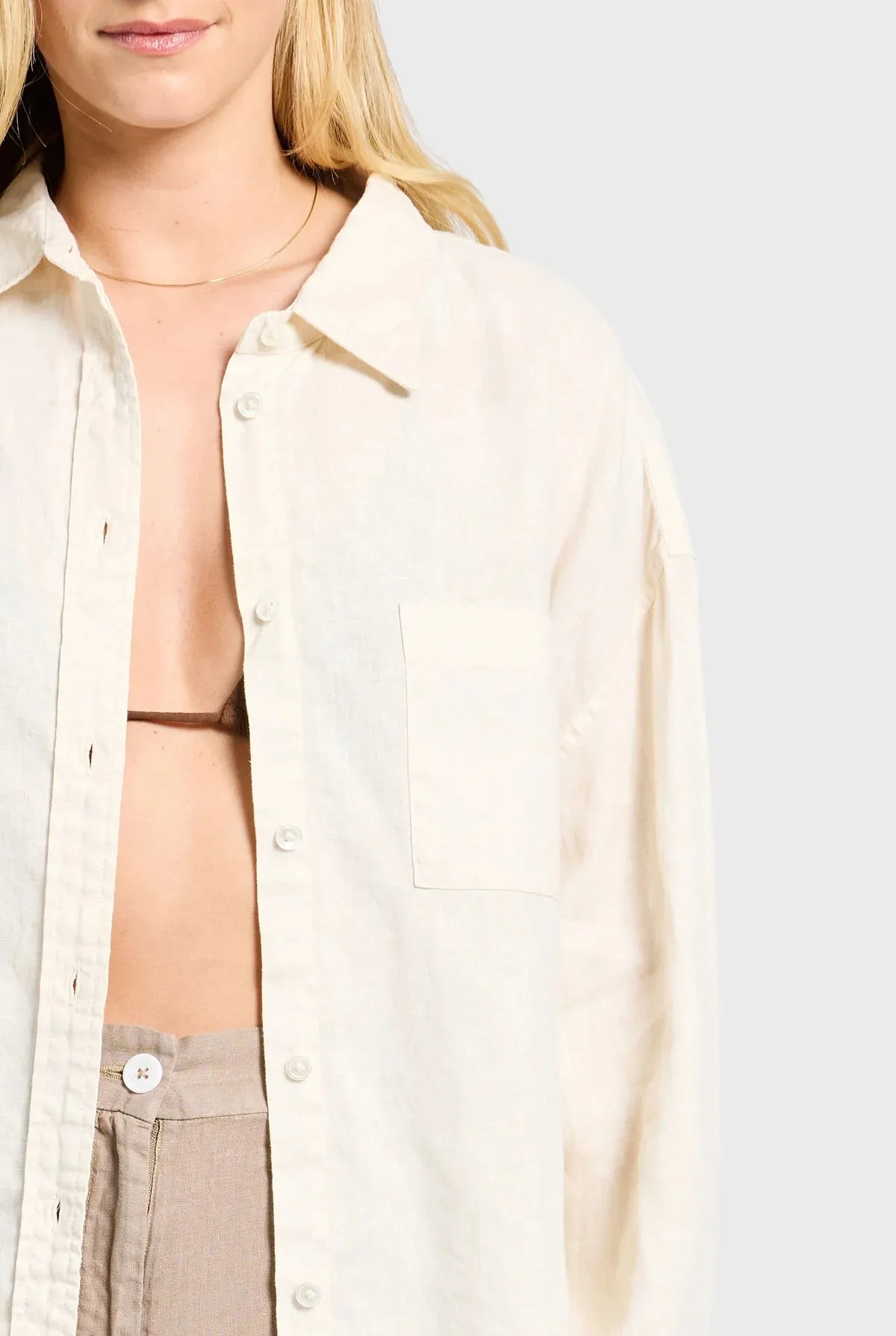 ACADEMY BRAND - Womens Hampton Linen Shirt  - Light Almond