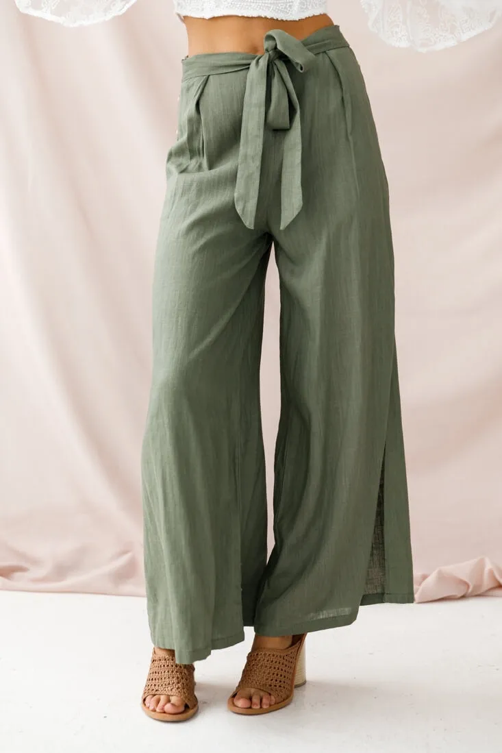 Aruba Wide Leg Side Split Pants Khaki