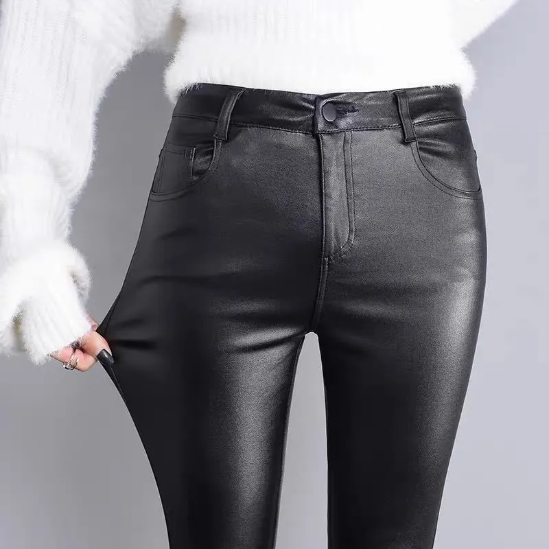 Autumn Winter women leather pants High elastic shiny trousers slim female pencil leather pants women pantalon femme  clothe