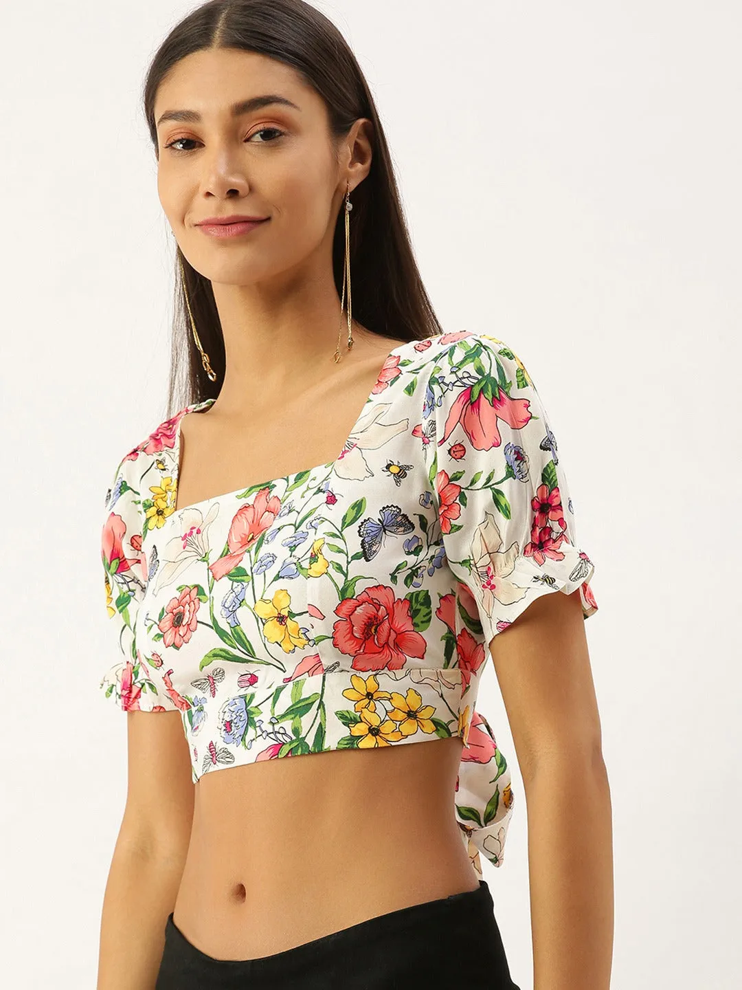 Berrylush Women White Floral Printed Open Back Crop Top