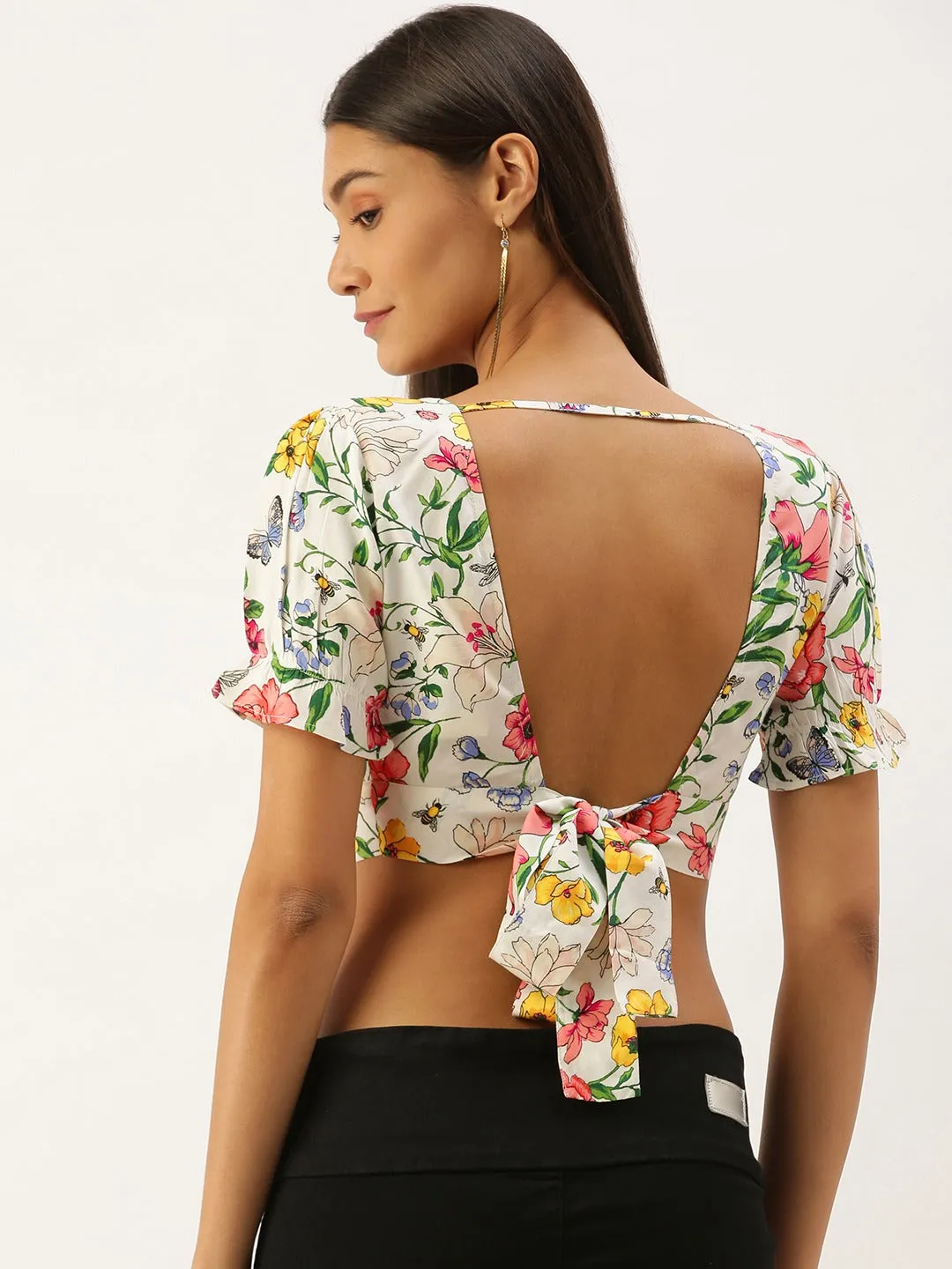 Berrylush Women White Floral Printed Open Back Crop Top