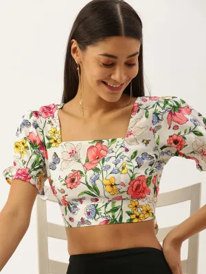 Berrylush Women White Floral Printed Open Back Crop Top