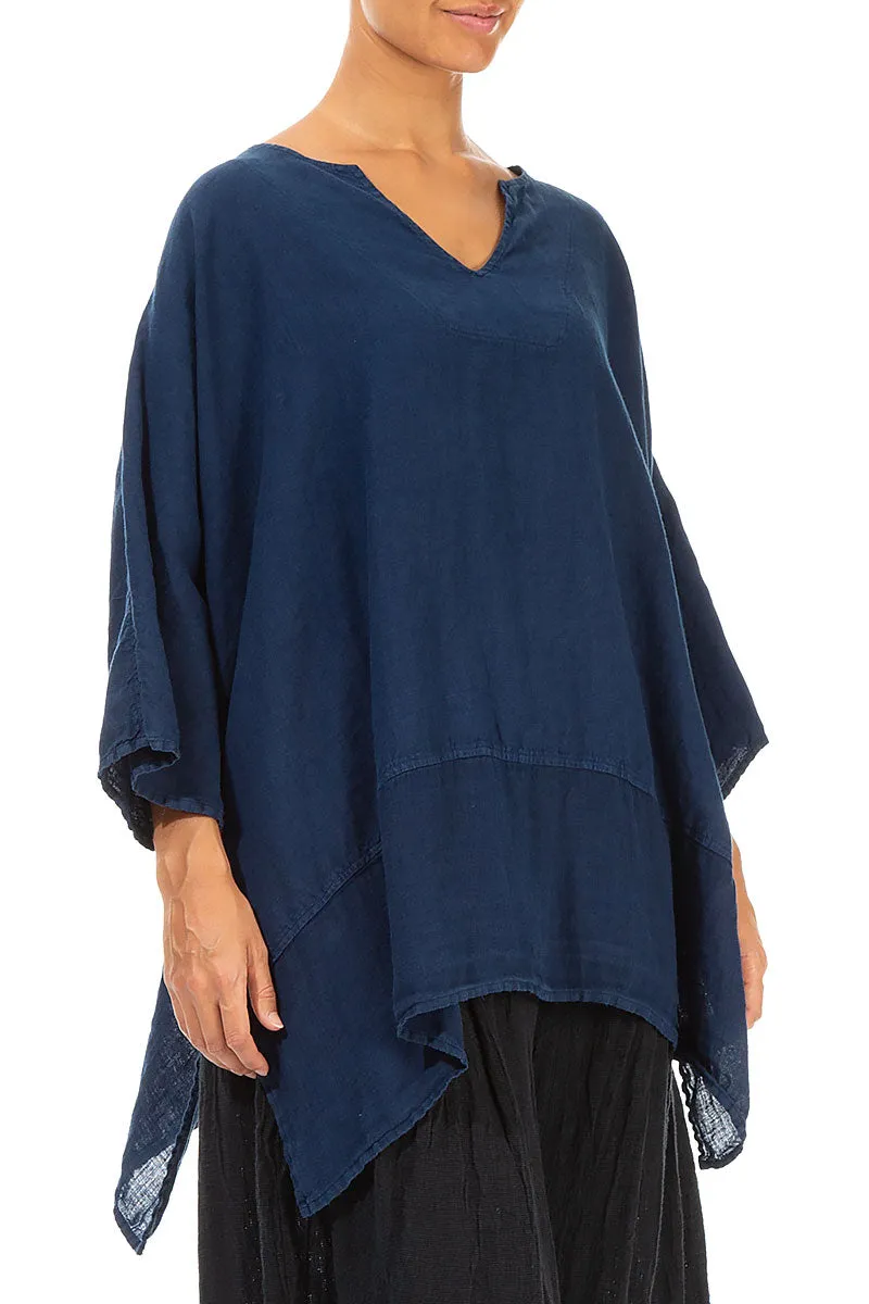 Boxy V-Neck Blue Linen Tunic