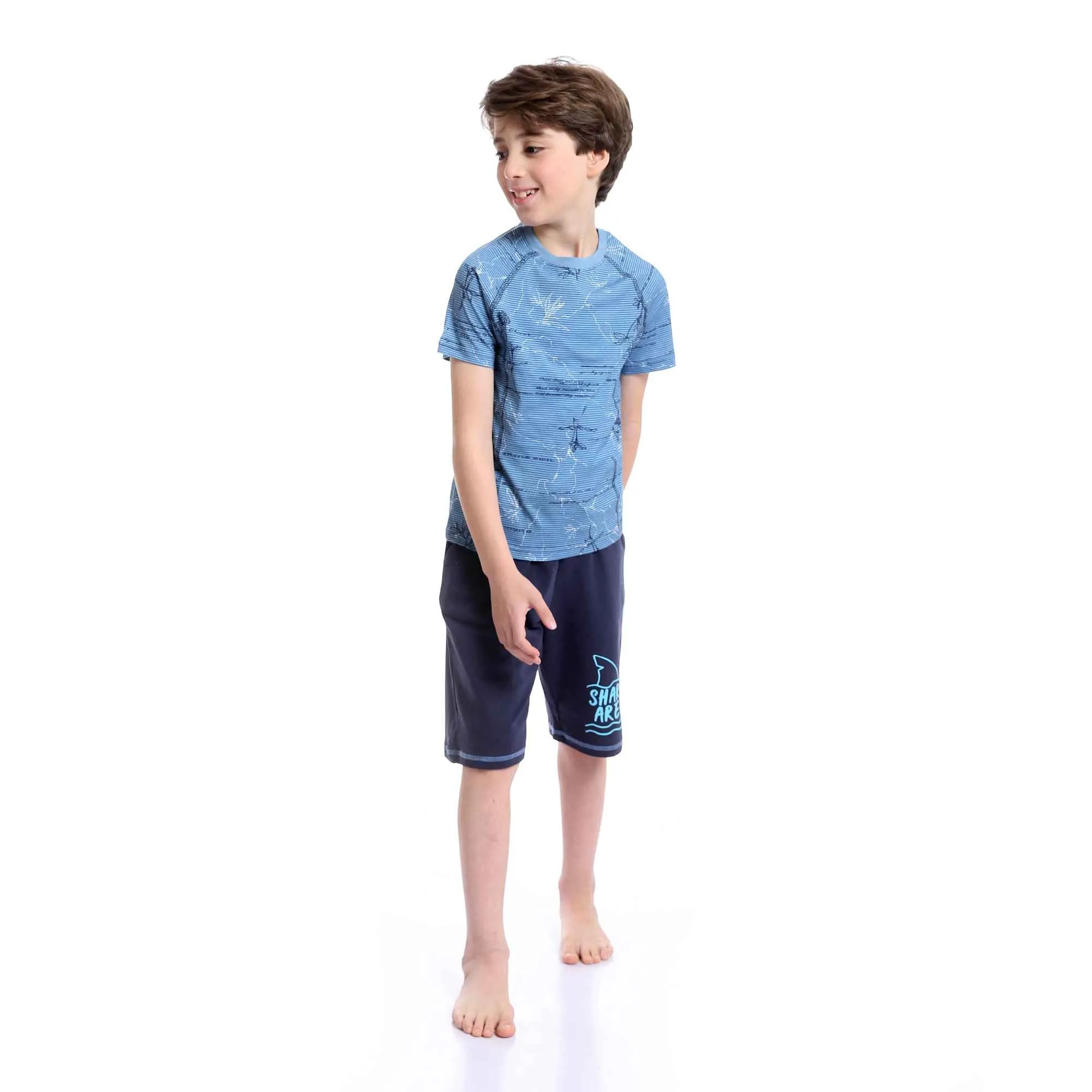 Boys Short Sleeves Tee & Slip On Shorts Pajama Set - Baby Blue & Navy Blue