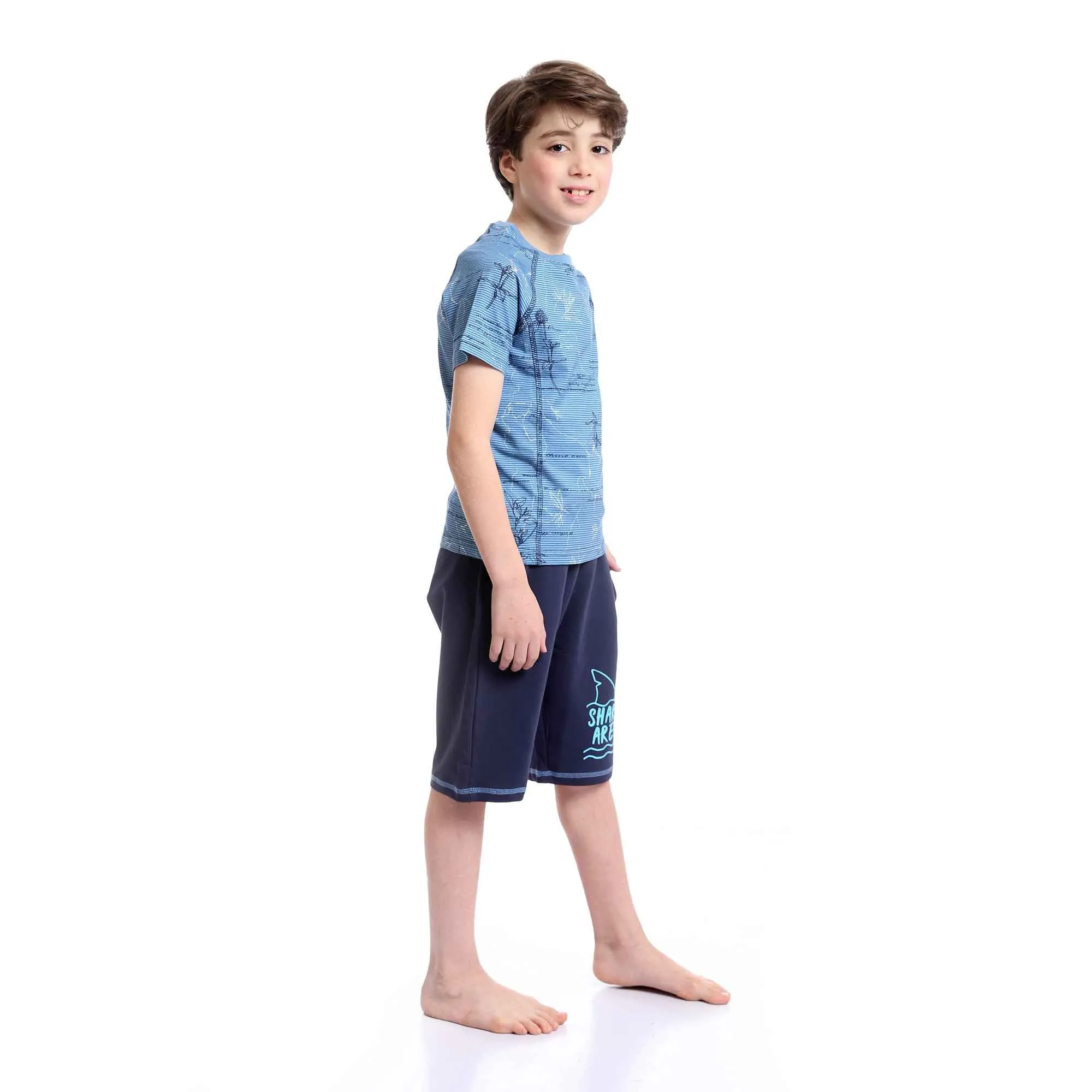 Boys Short Sleeves Tee & Slip On Shorts Pajama Set - Baby Blue & Navy Blue