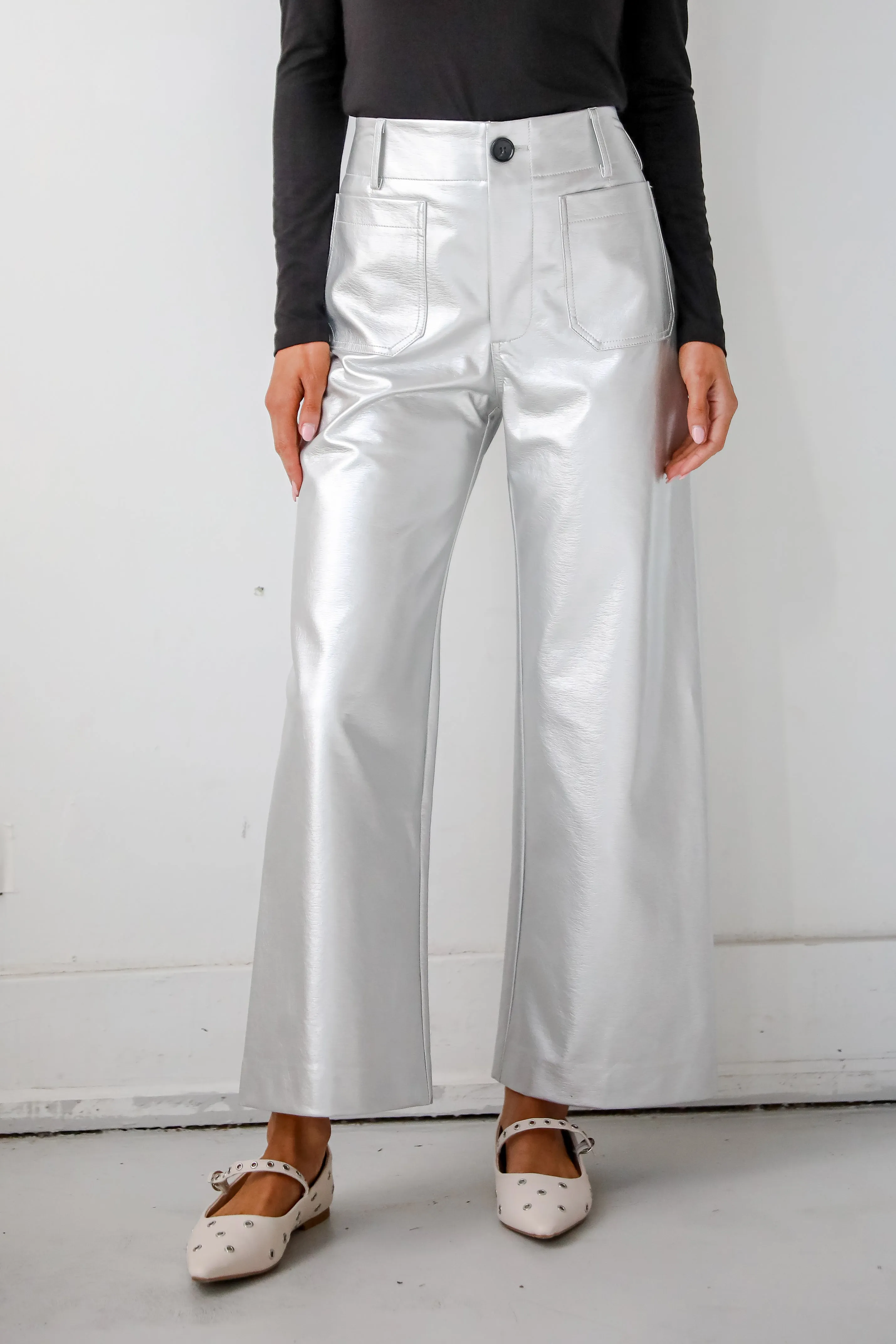 Chicest Trend Silver Metallic Leather Wide Leg Pants