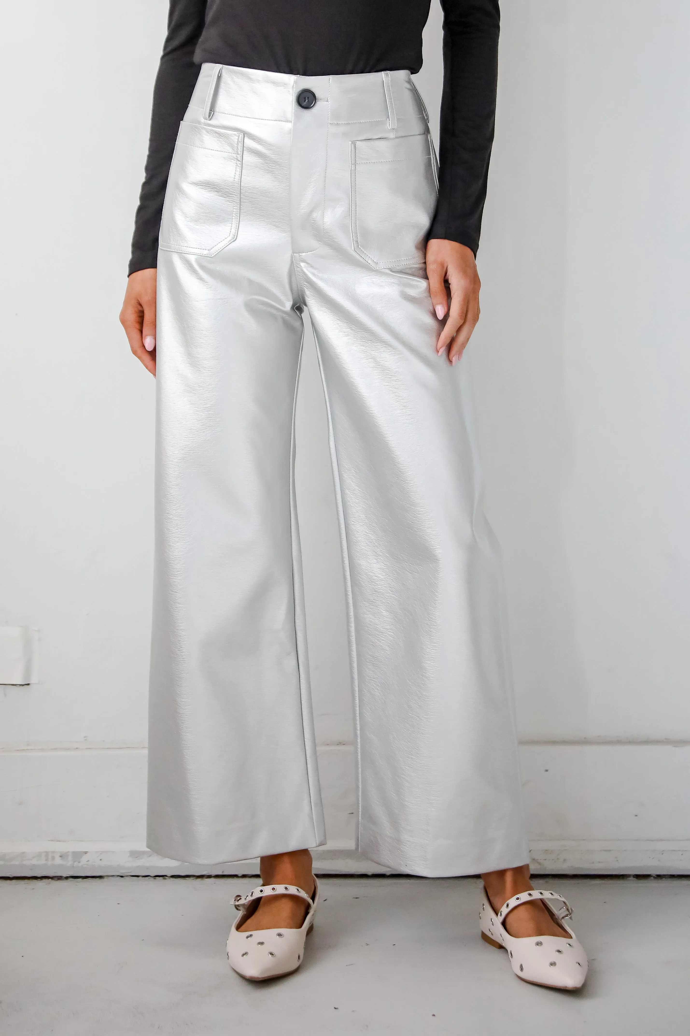 Chicest Trend Silver Metallic Leather Wide Leg Pants