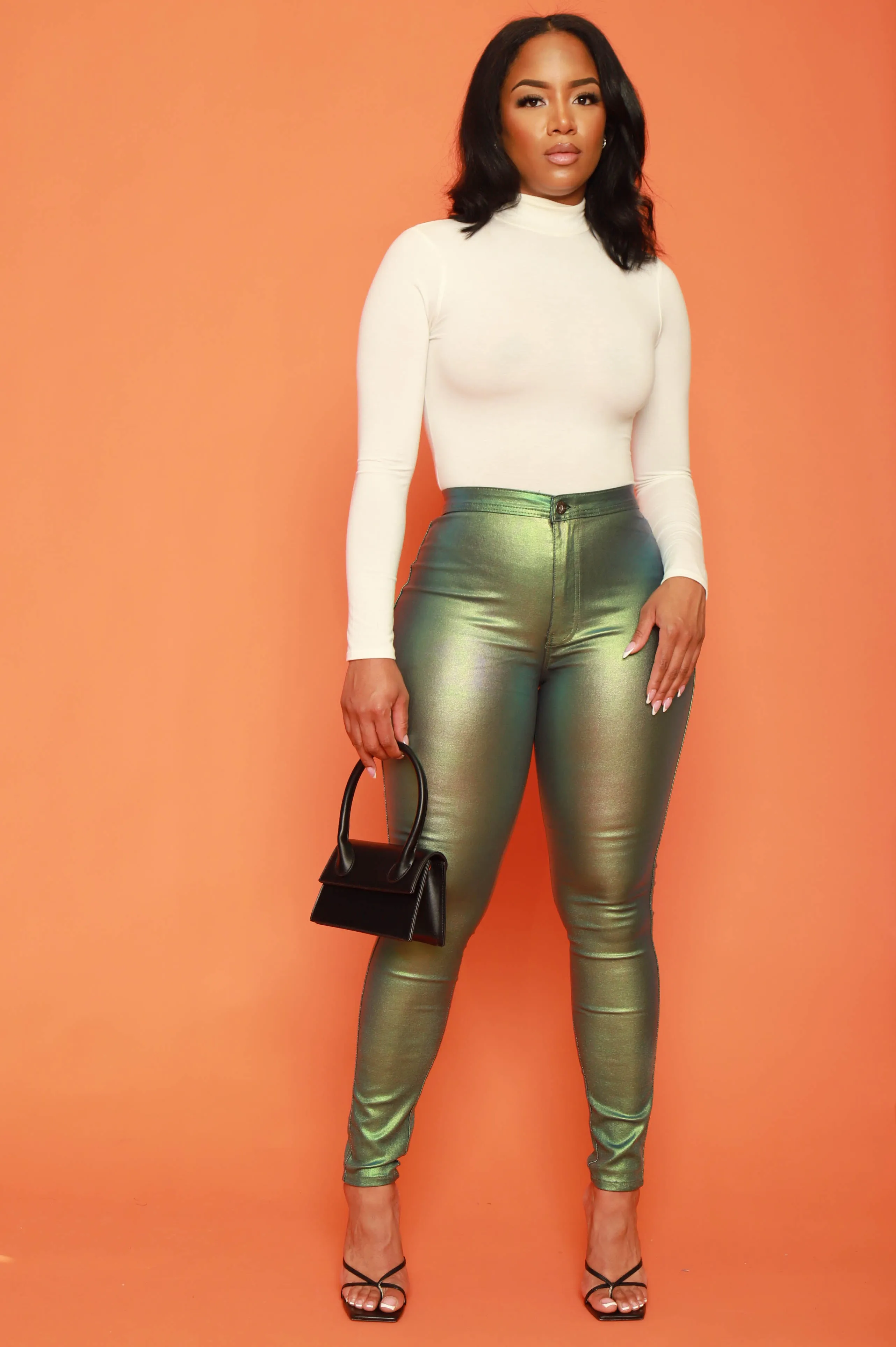 Coming In Hot High Rise Metallic Skinny Pants - Green