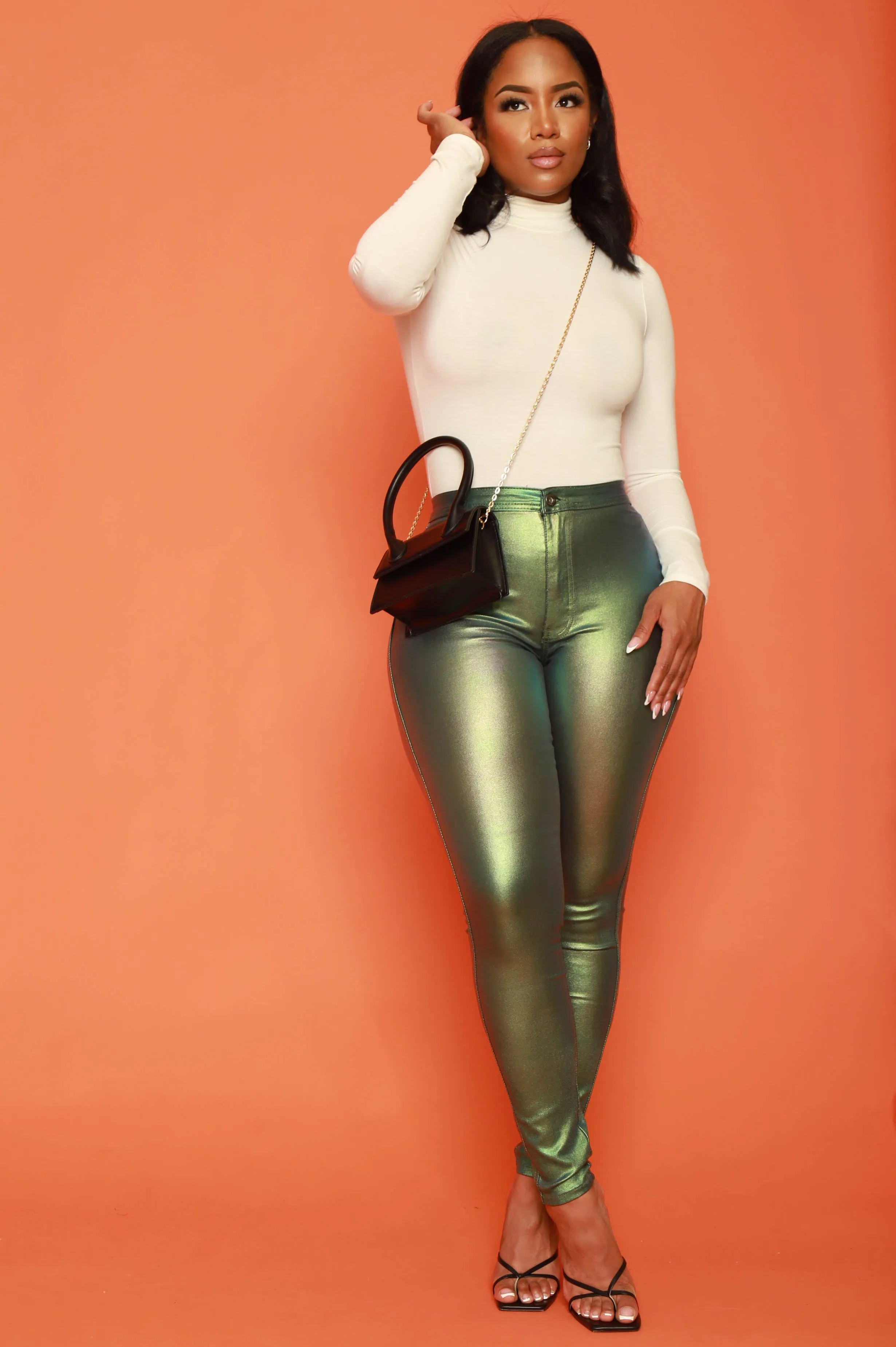 Coming In Hot High Rise Metallic Skinny Pants - Green