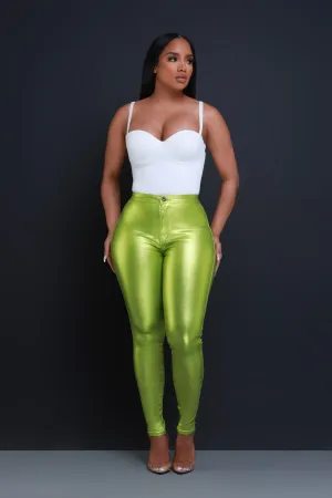 Coming In Hot High Rise Metallic Skinny Pants - Lime Green