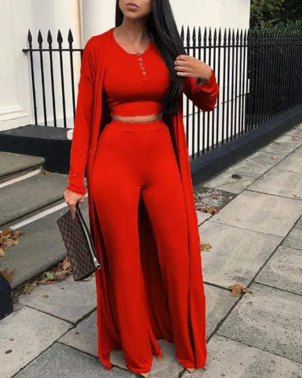 Crop top pants with drop shoulder coat set