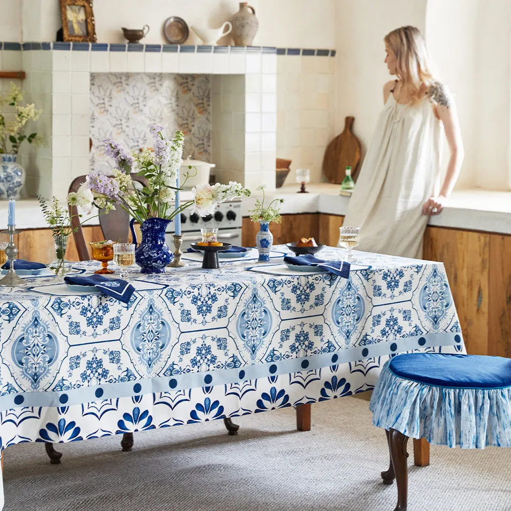 Delft Blue and White Porcelain Print Linen Tablecloth