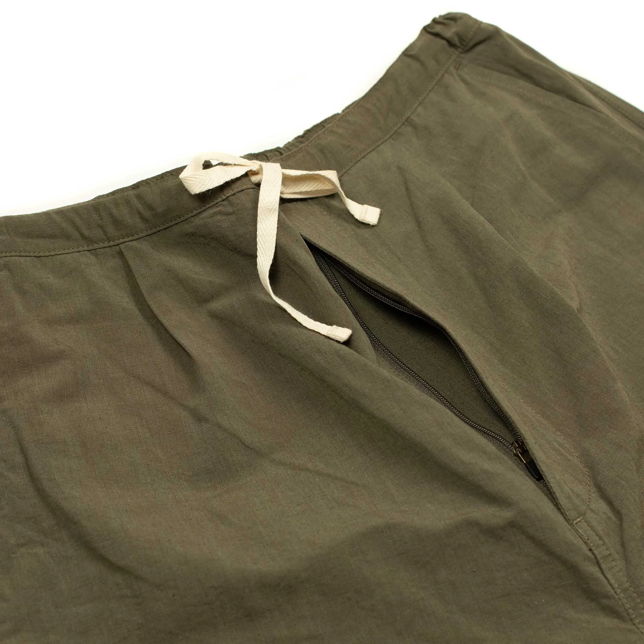 Drawstring trousers in olive/brown linen, cotton and nylon