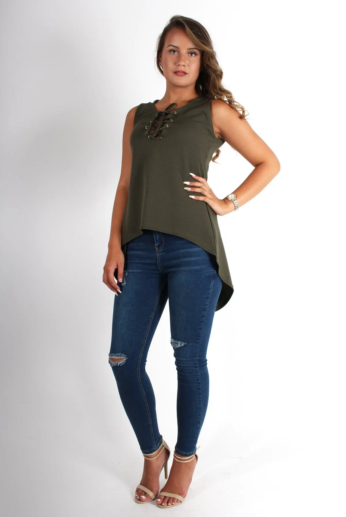 Elena Khaki Tie Front Split Back Top