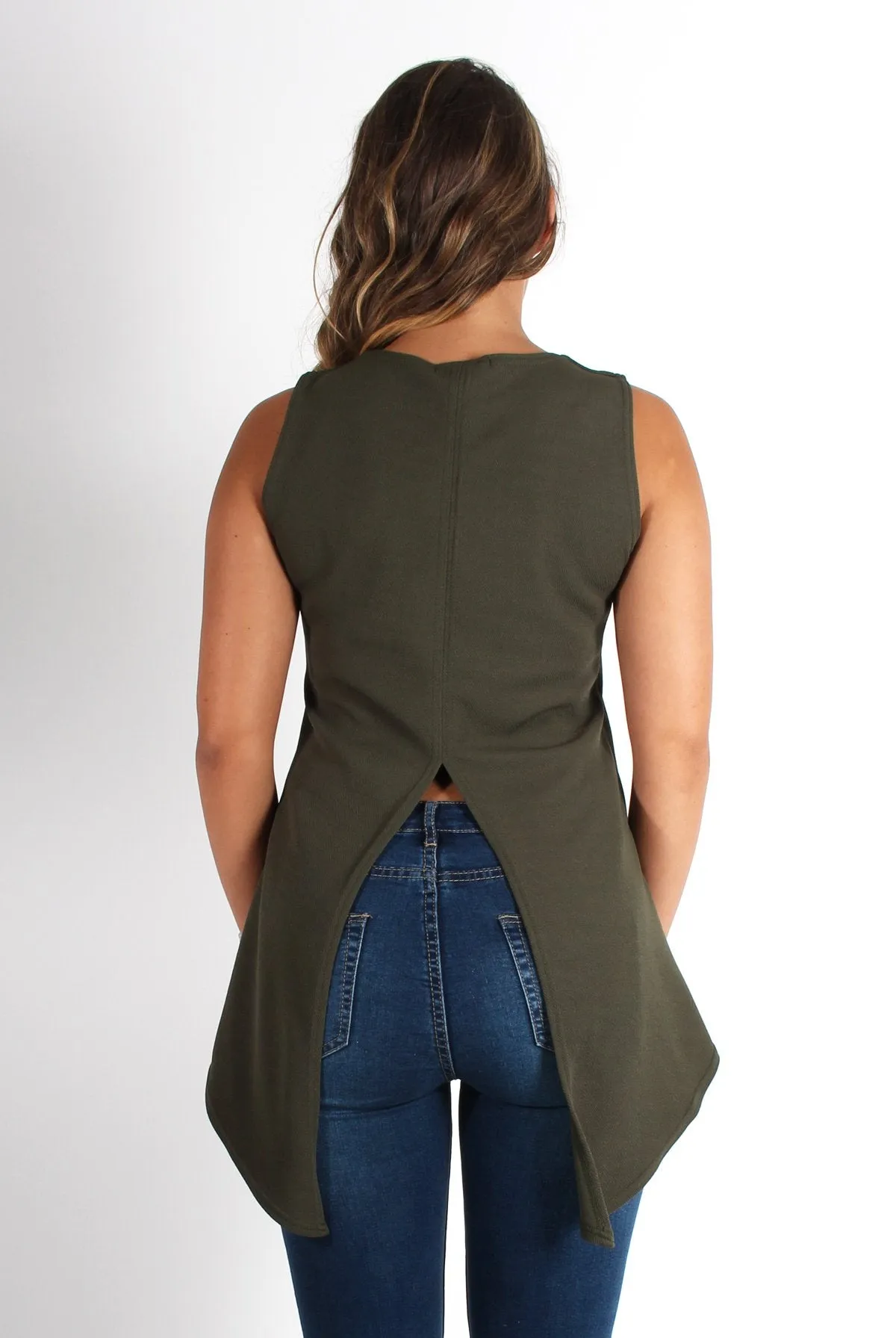 Elena Khaki Tie Front Split Back Top