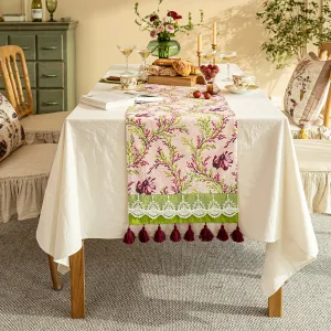 Fern Pink Flower Pastoral Tassel Table Runner