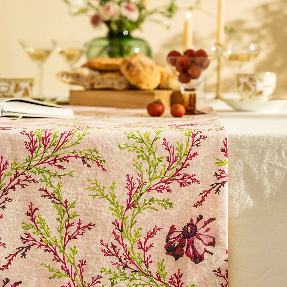 Fern Pink Flower Pastoral Tassel Table Runner