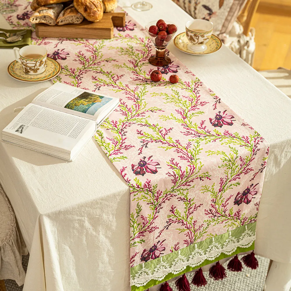 Fern Pink Flower Pastoral Tassel Table Runner