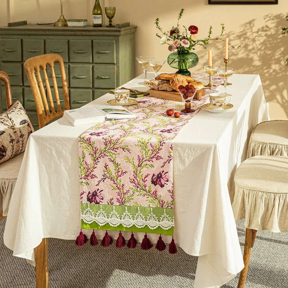 Fern Pink Flower Pastoral Tassel Table Runner