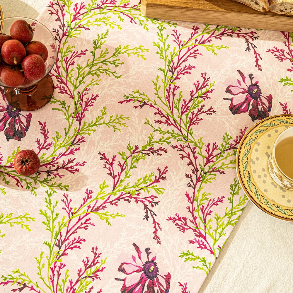 Fern Pink Flower Pastoral Tassel Table Runner