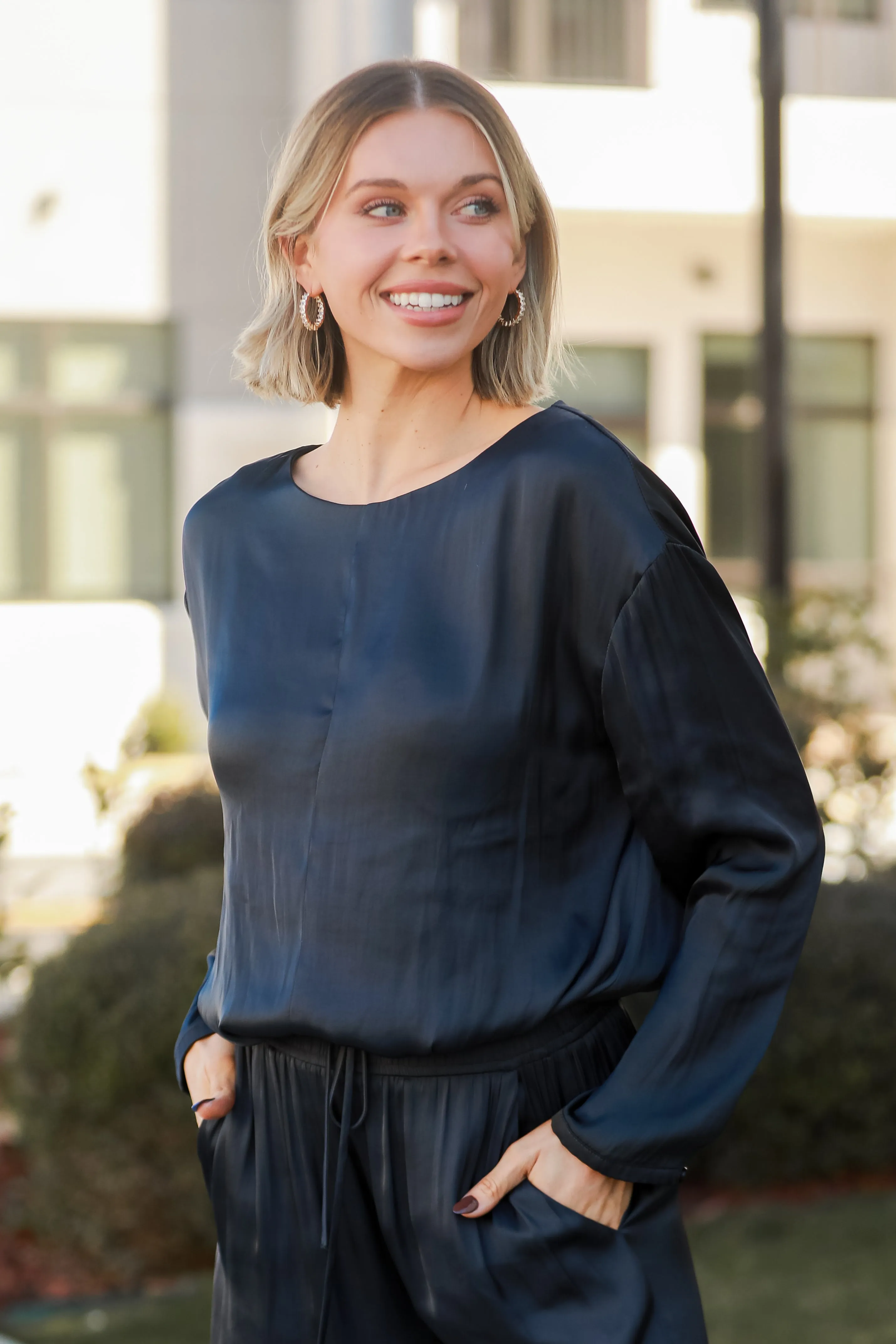 FINAL SALE - Covetable Charm Navy Satin Blouse