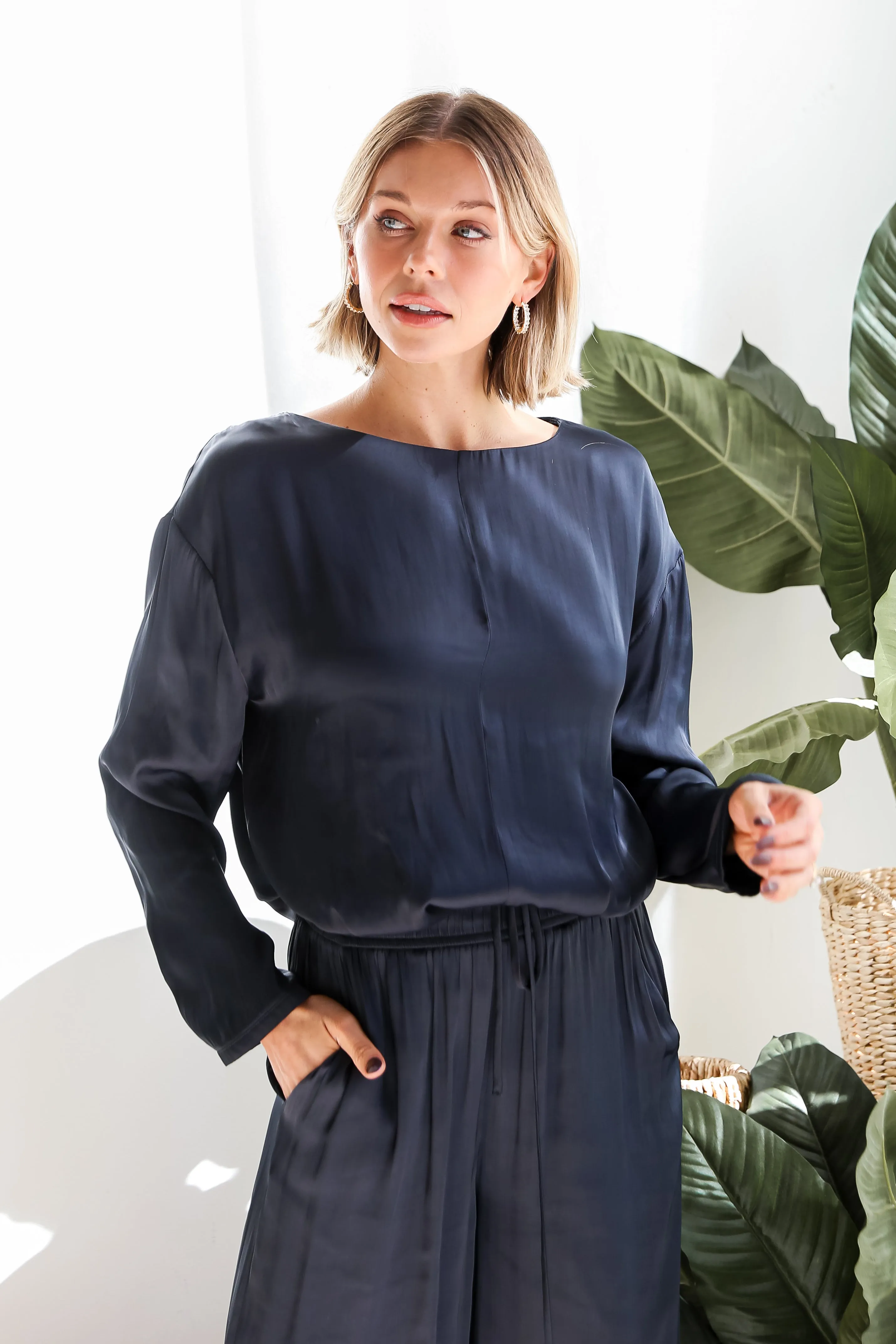 FINAL SALE - Covetable Charm Navy Satin Blouse