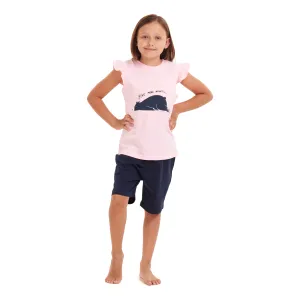 Girls summer pajama set Lazy bear t-shirt   Dark blue shorts