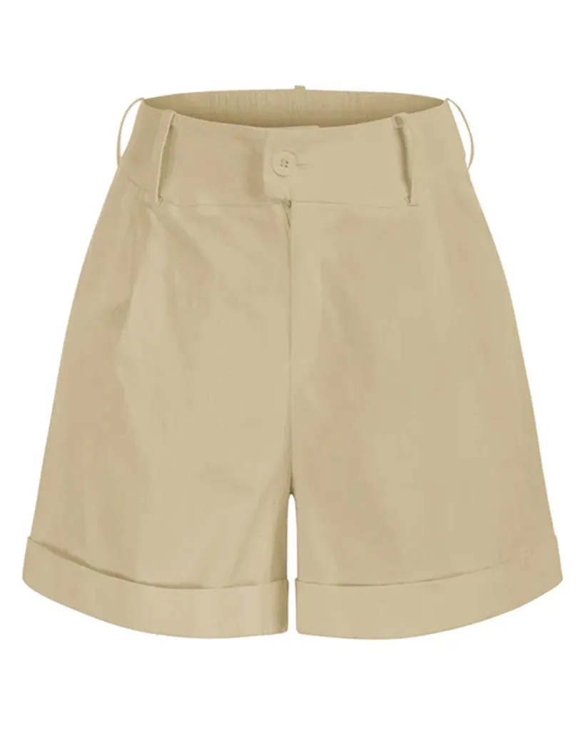 High Waist Fold-up Leg Opening Cotton Shorts with Pockets