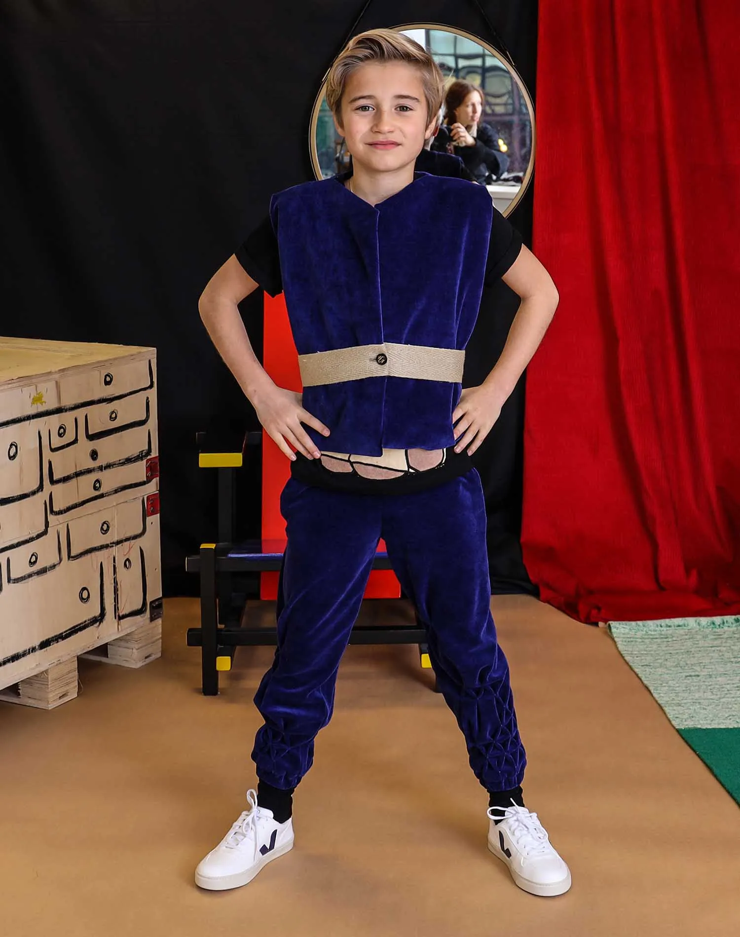 Kinderen Blauwe Fluwelen Trainingsbroek met Hand Smock