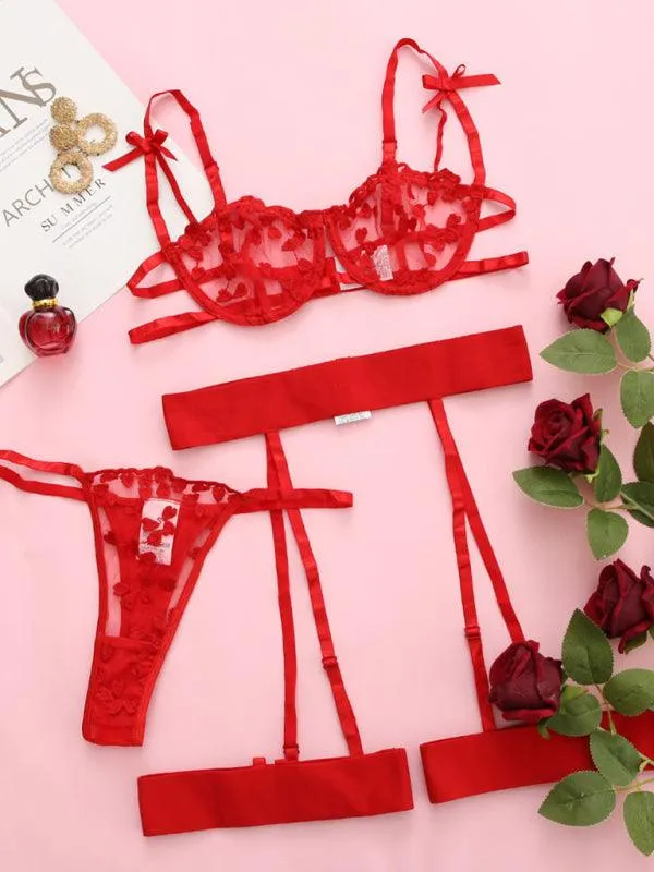 Lace Embroidery Three-piece Lingerie  Set