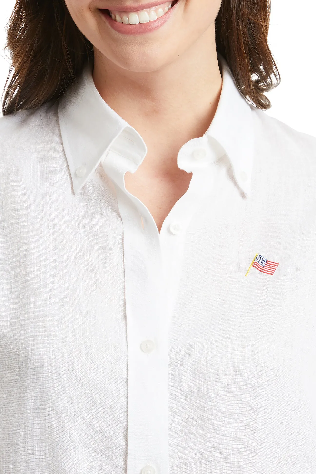 Ladies Button Down Shirt White Linen with USA Flag