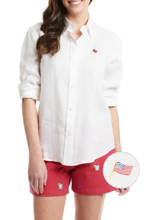 Ladies Button Down Shirt White Linen with USA Flag