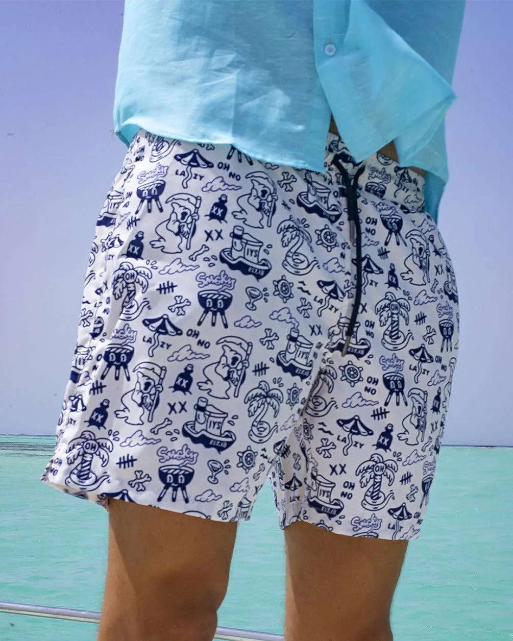 Lazy White x Navy Swim Shorts