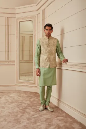 Light Green Embroidered Silk Brocade Kurta Bundi Set