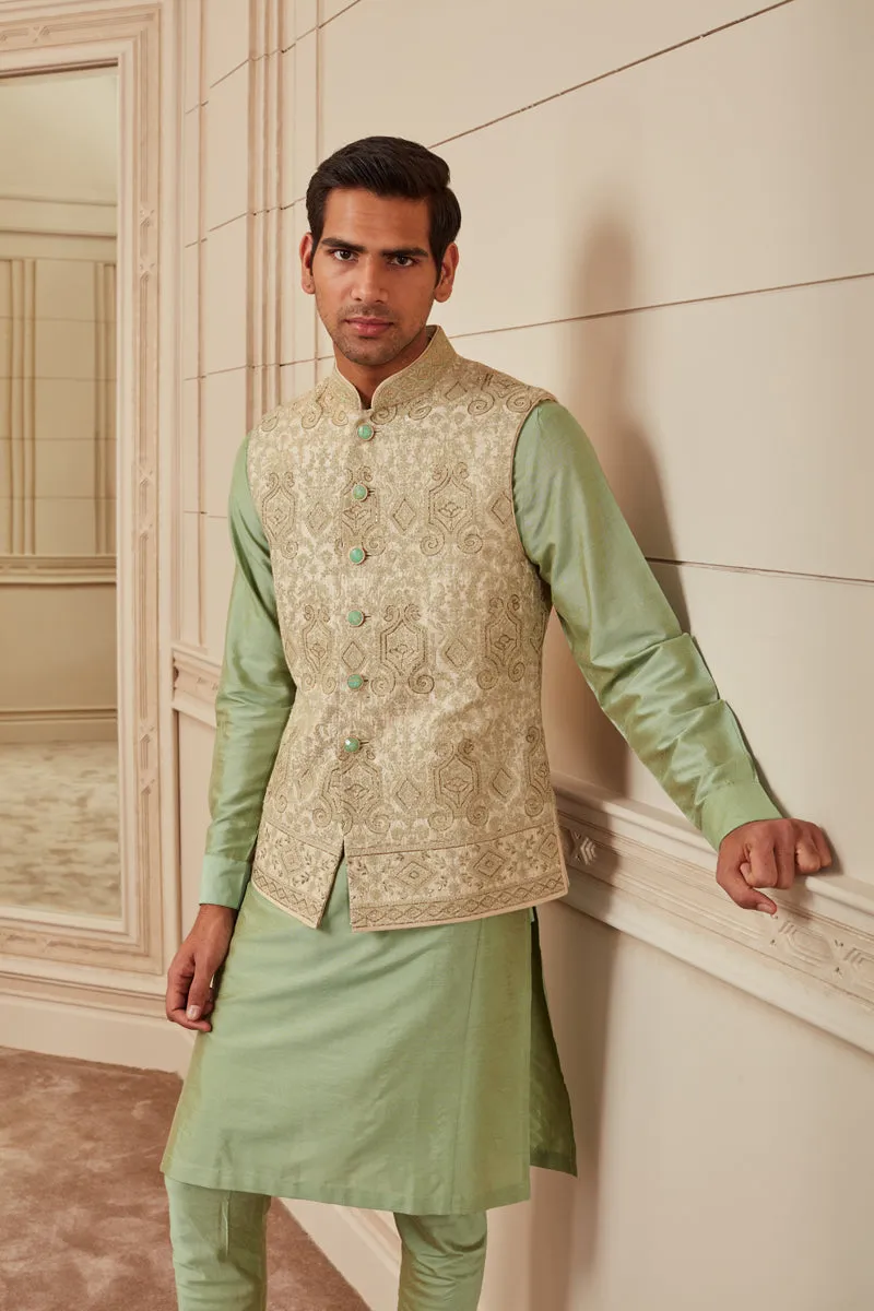 Light Green Embroidered Silk Brocade Kurta Bundi Set