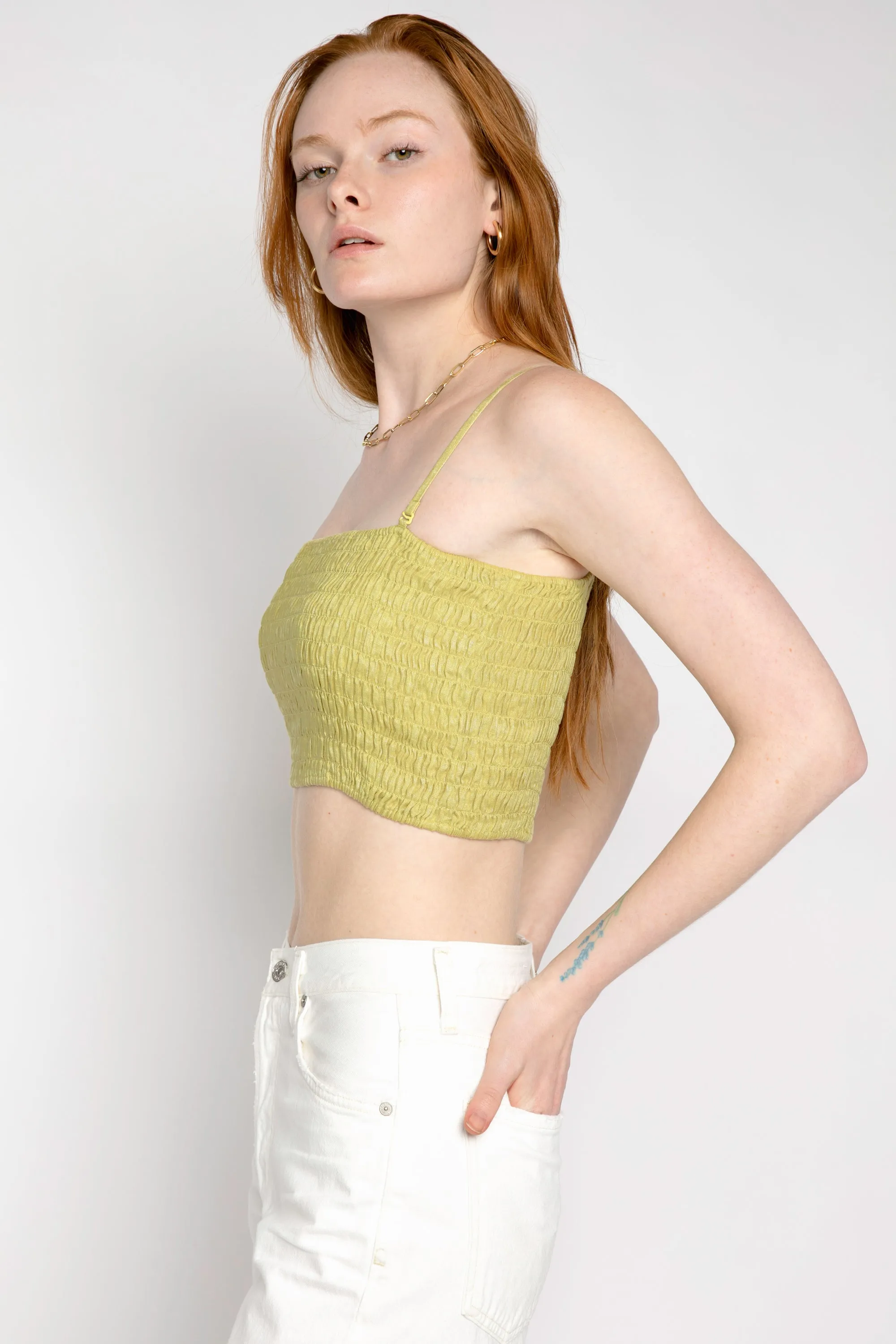 Linen Smocked Tube Top in Seagrass