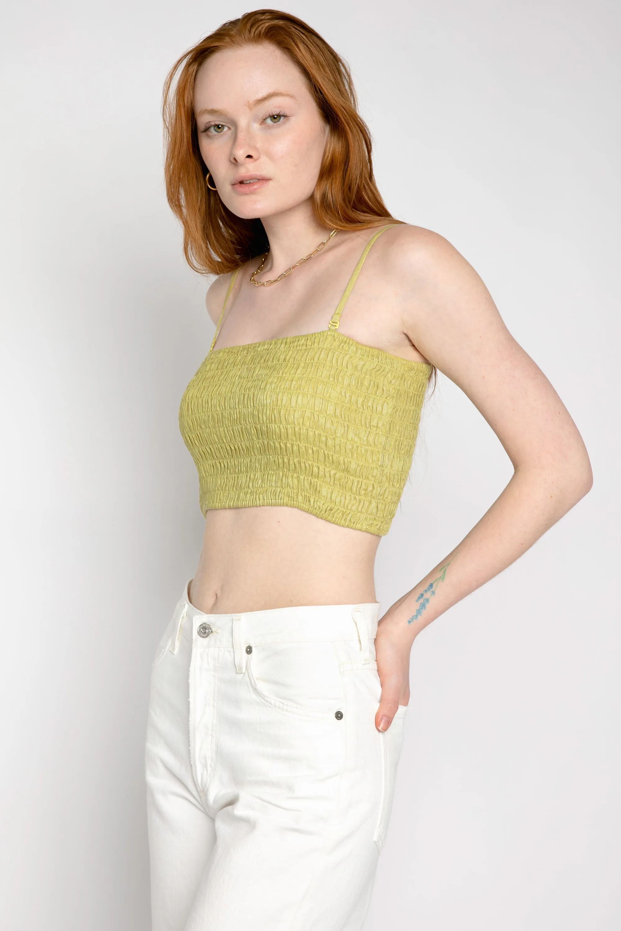 Linen Smocked Tube Top in Seagrass