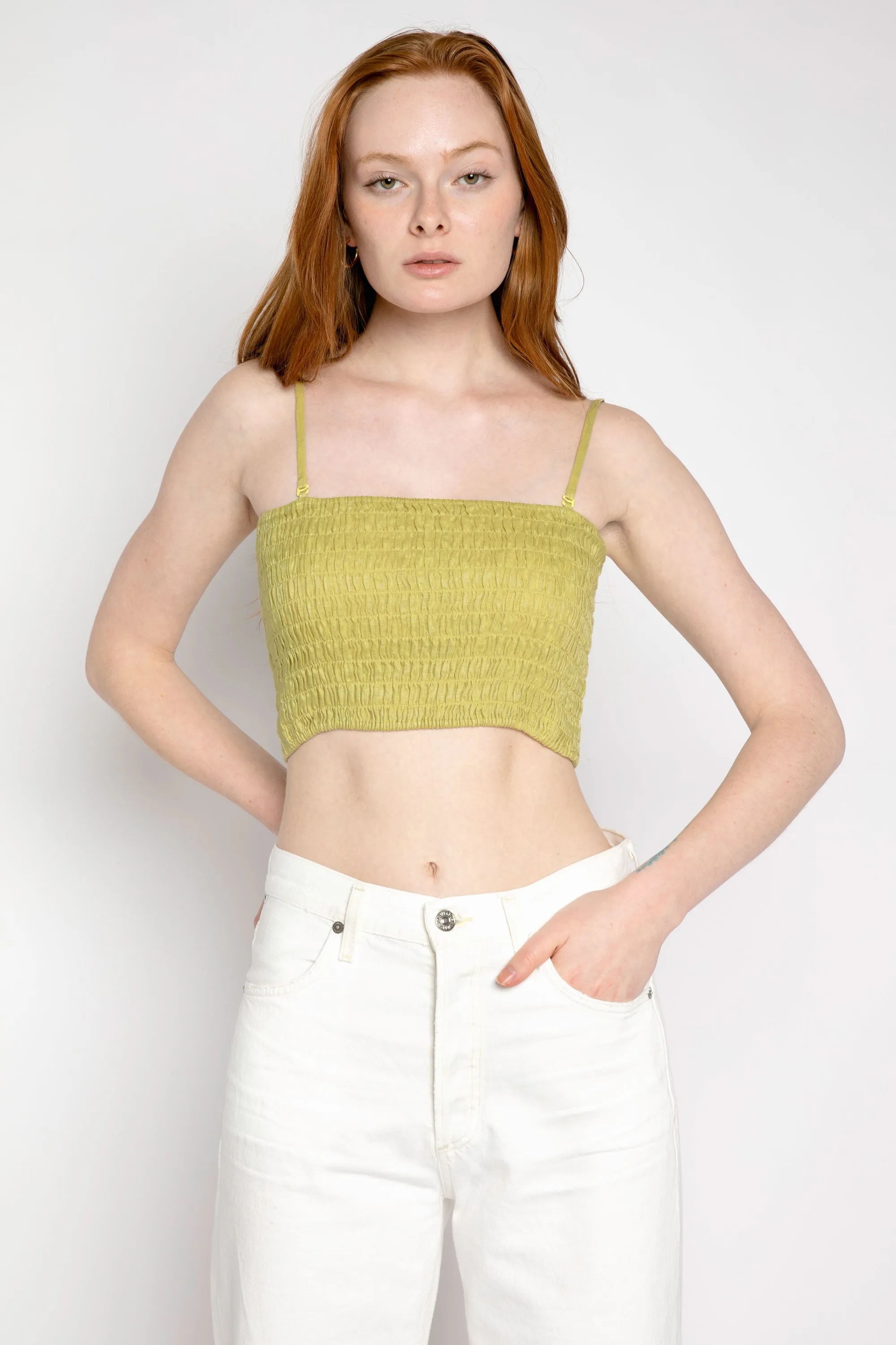 Linen Smocked Tube Top in Seagrass