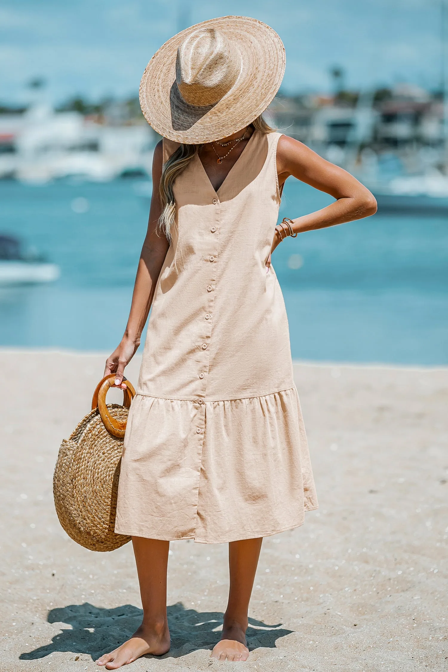 Linen V-Neck Flounce Maxi Dress