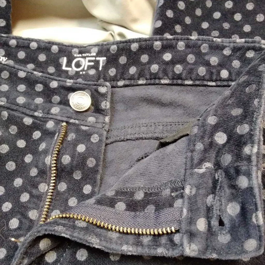 LOFT MODERN SKINNY BLUE VELVET POLKA DOT PANTS SIZE 10 TCC