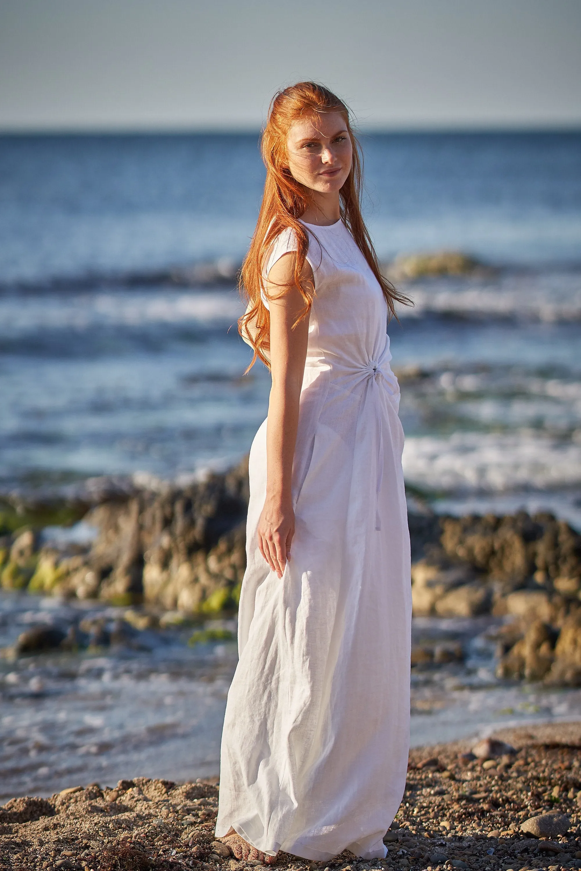 Long Linen Dress with Ruched Waist