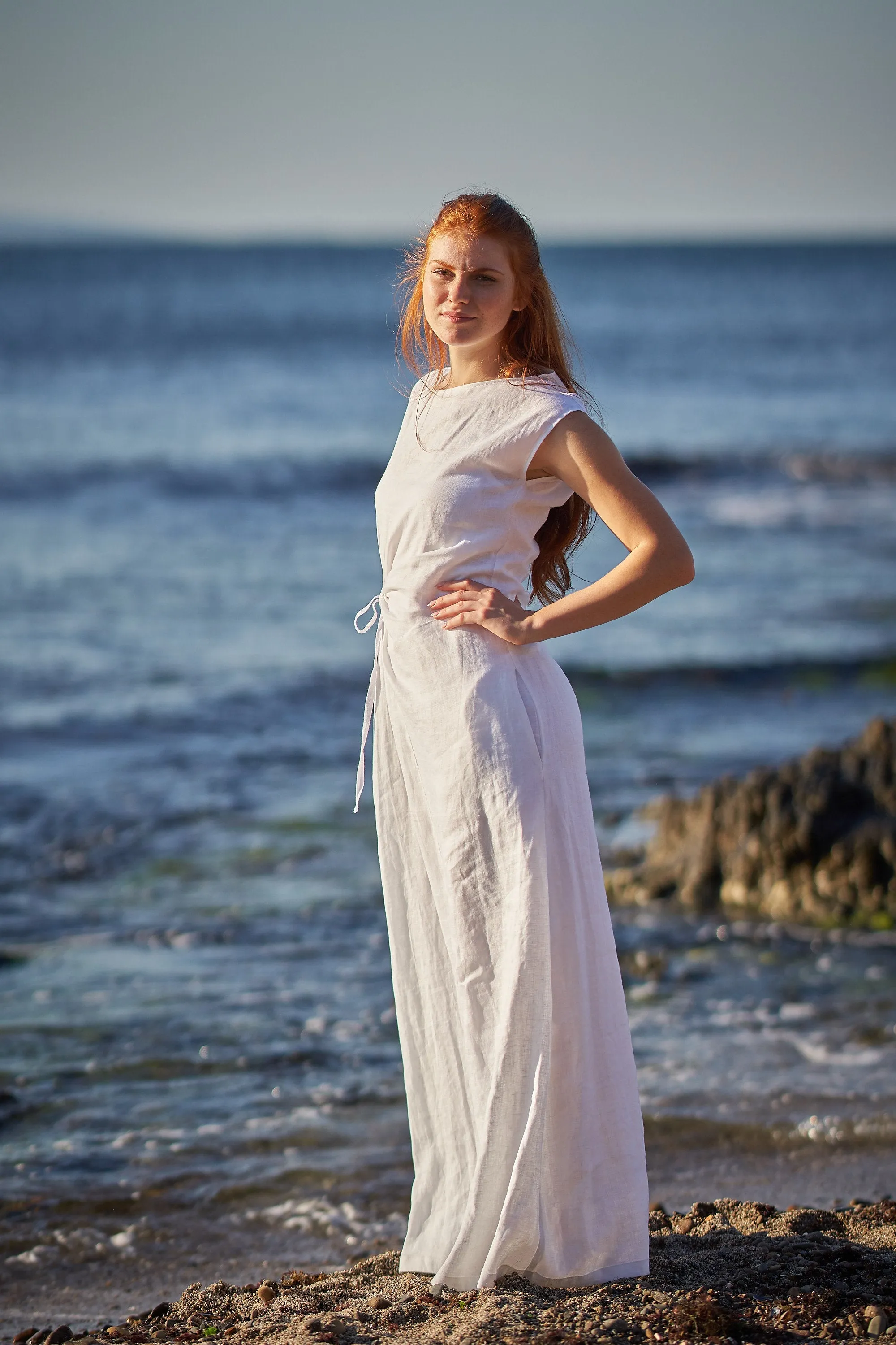 Long Linen Dress with Ruched Waist