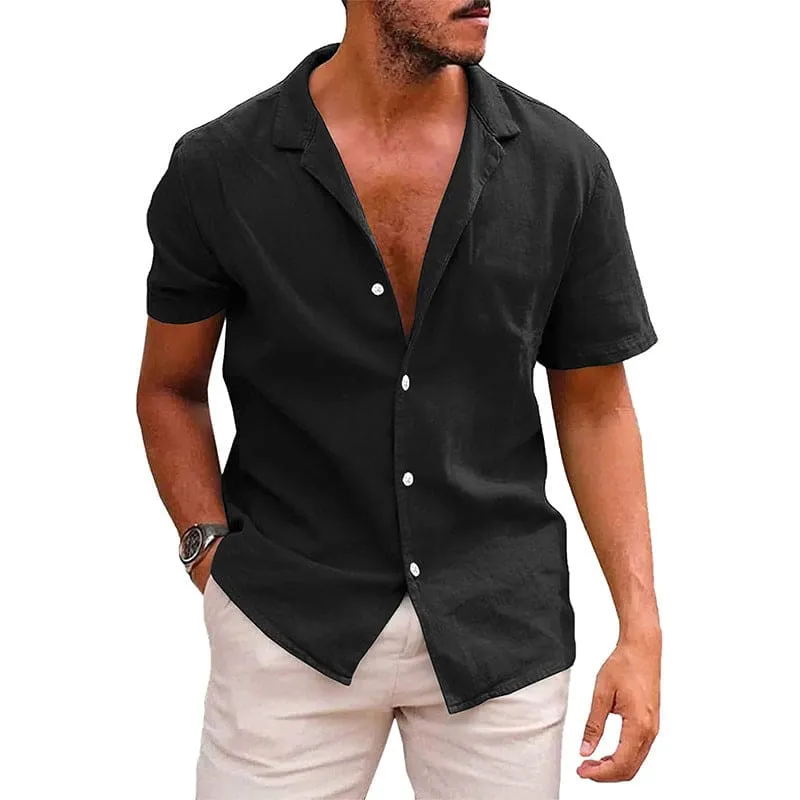 Men Lapel Collar Button Up Linen Short Sleeve Shirt