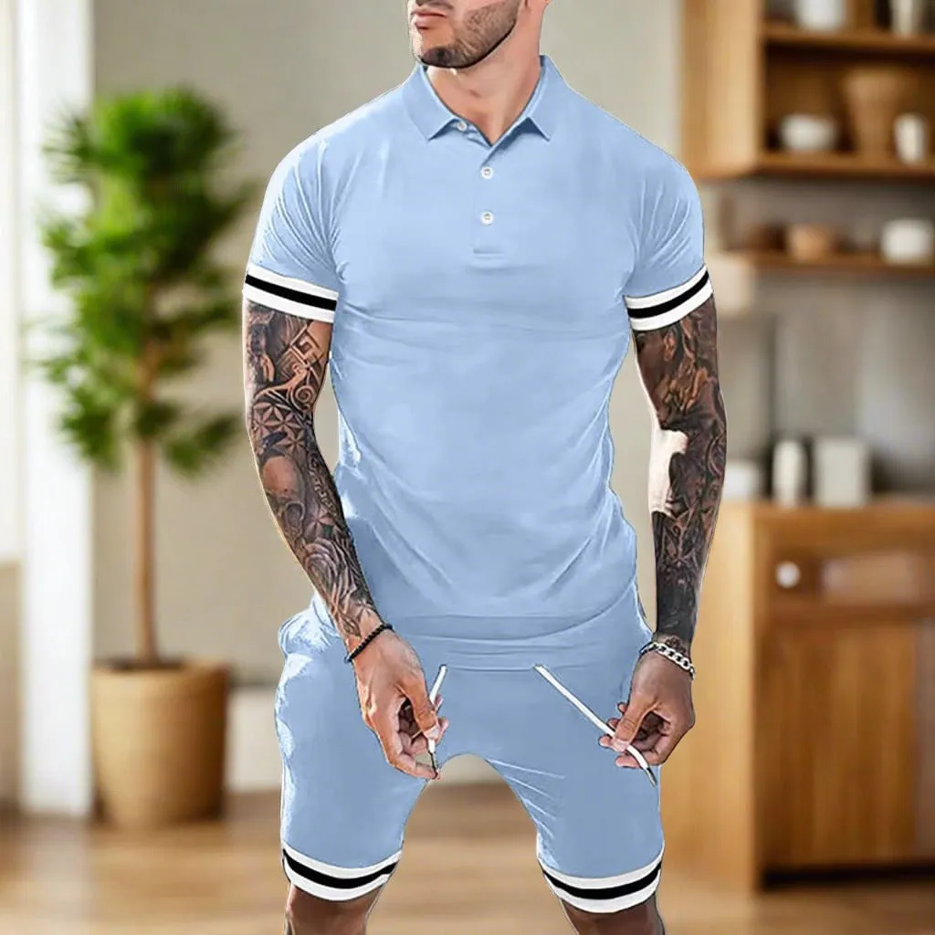 Men Striped Print Hem Polo Shirt & Side Pocket Drawstring Shorts Set